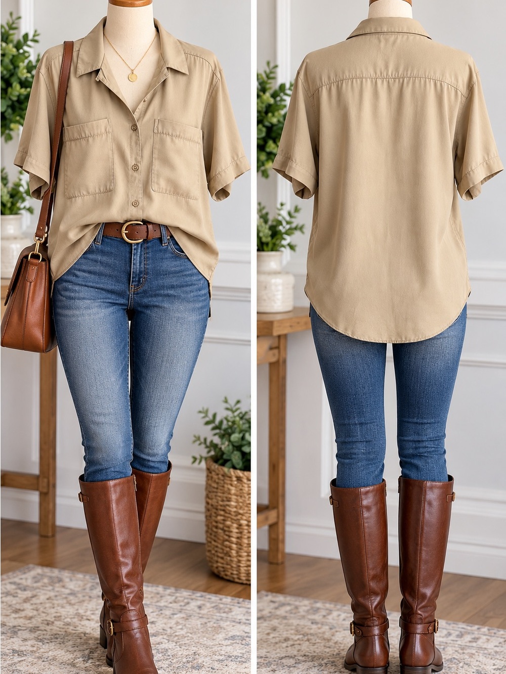 Classic Short-Sleeve Button-Down Shirt - Beige